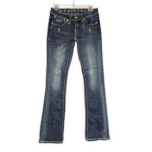 Studio 5 Jeans Womens 26 Boot Studded Bling Flap Pockets Thick Stitch Low Rise